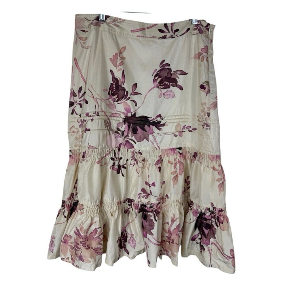 Banana Republic Women's 6 100% Silk Midi Tiered‎ Ruffle Skirt Cream Floral EUC